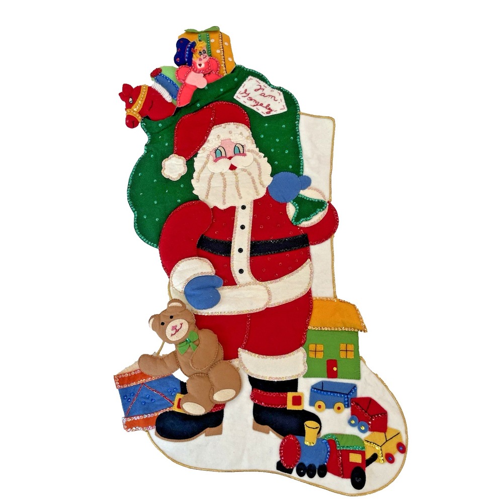 Vtg MCM Handmade Felt & Sequins Christmas Wall Hanging Santa Stocking 17x29"